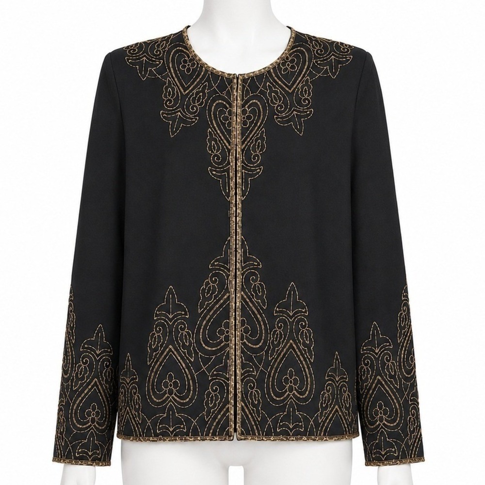 JMD New York Embroidered Zip Jacket Medium Black Gold Soutache Paisley Vintage